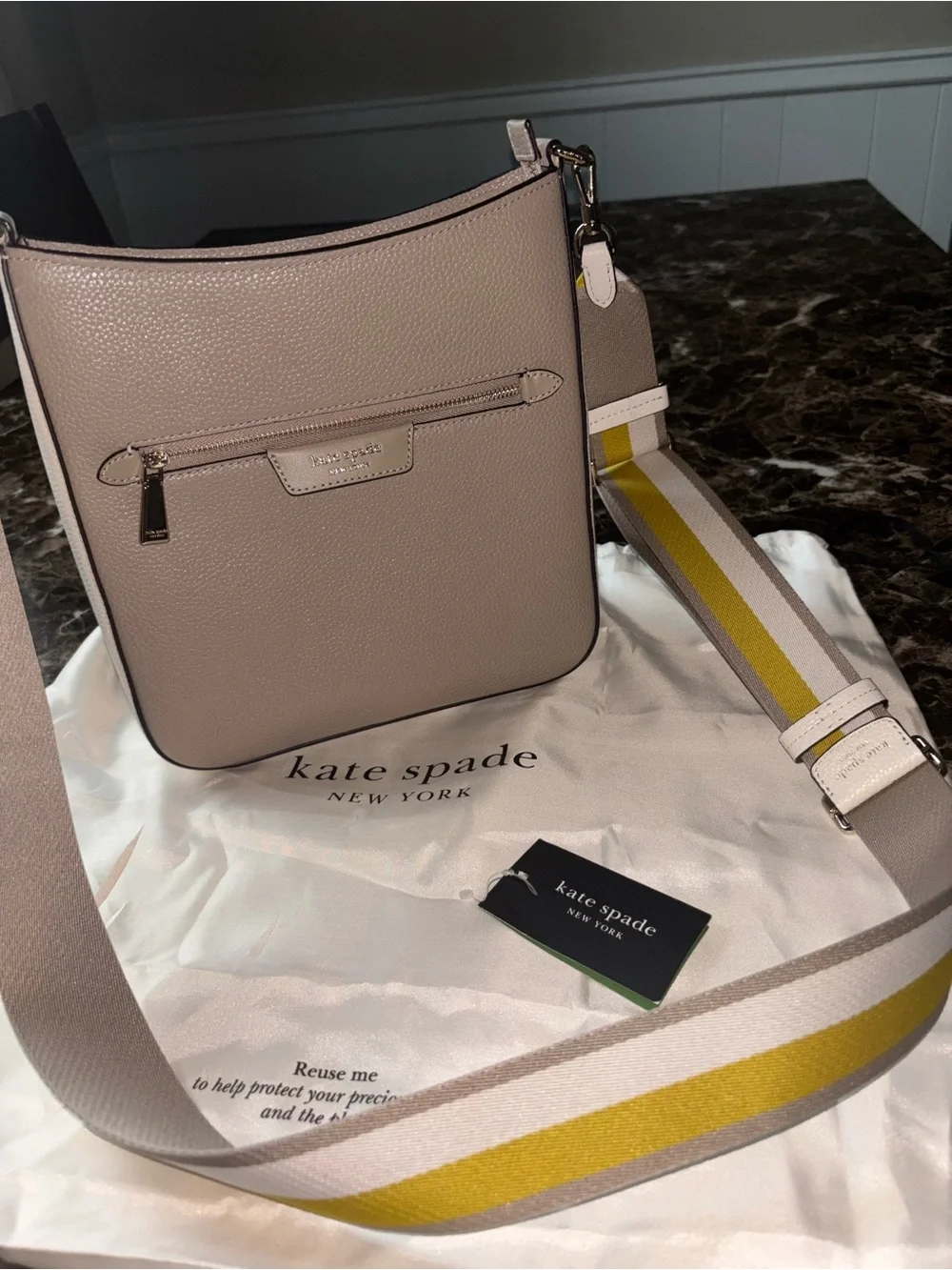 Kate Spade - Pebbled Leather Crossbody in Taupe with Yellow-Striped Strap
